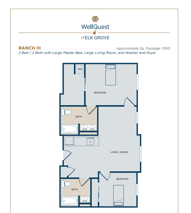 Two-bedroom apartment floor plan with living room and kitchen.