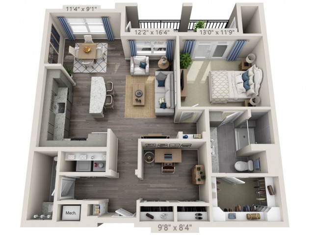 A 3D rendered floor plan of a modern apartment featuring a living room, kitchen, bedroom, and bathroom.