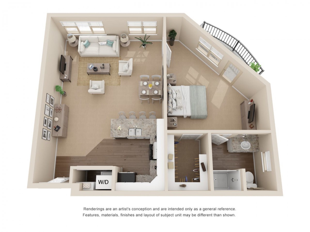 A 3D floor plan of a modern 1-bedroom apartment featuring a spacious living room, kitchen, bathroom, and balcony.
