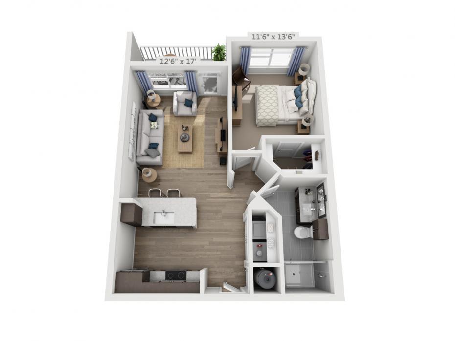 A detailed floor plan of a one-bedroom apartment featuring a living room, kitchen, bathroom, and bedroom.