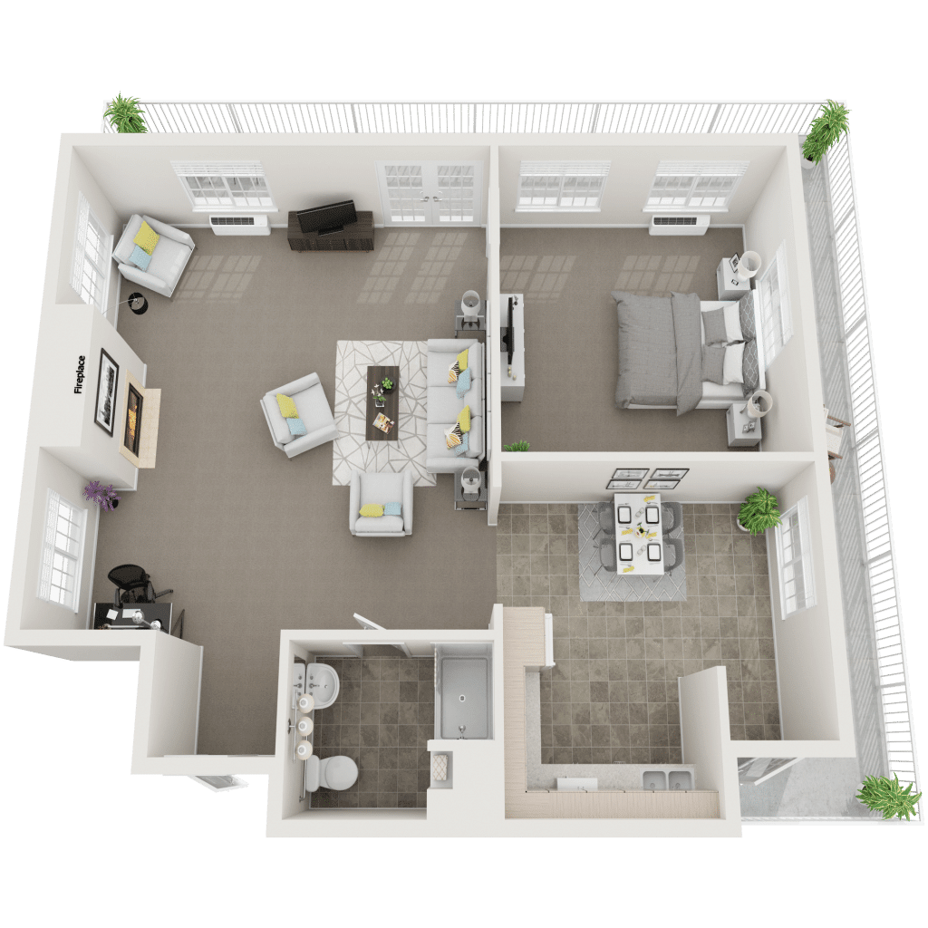 A detailed floor plan of an apartment with a living room, kitchen, bedroom, and bathroom.