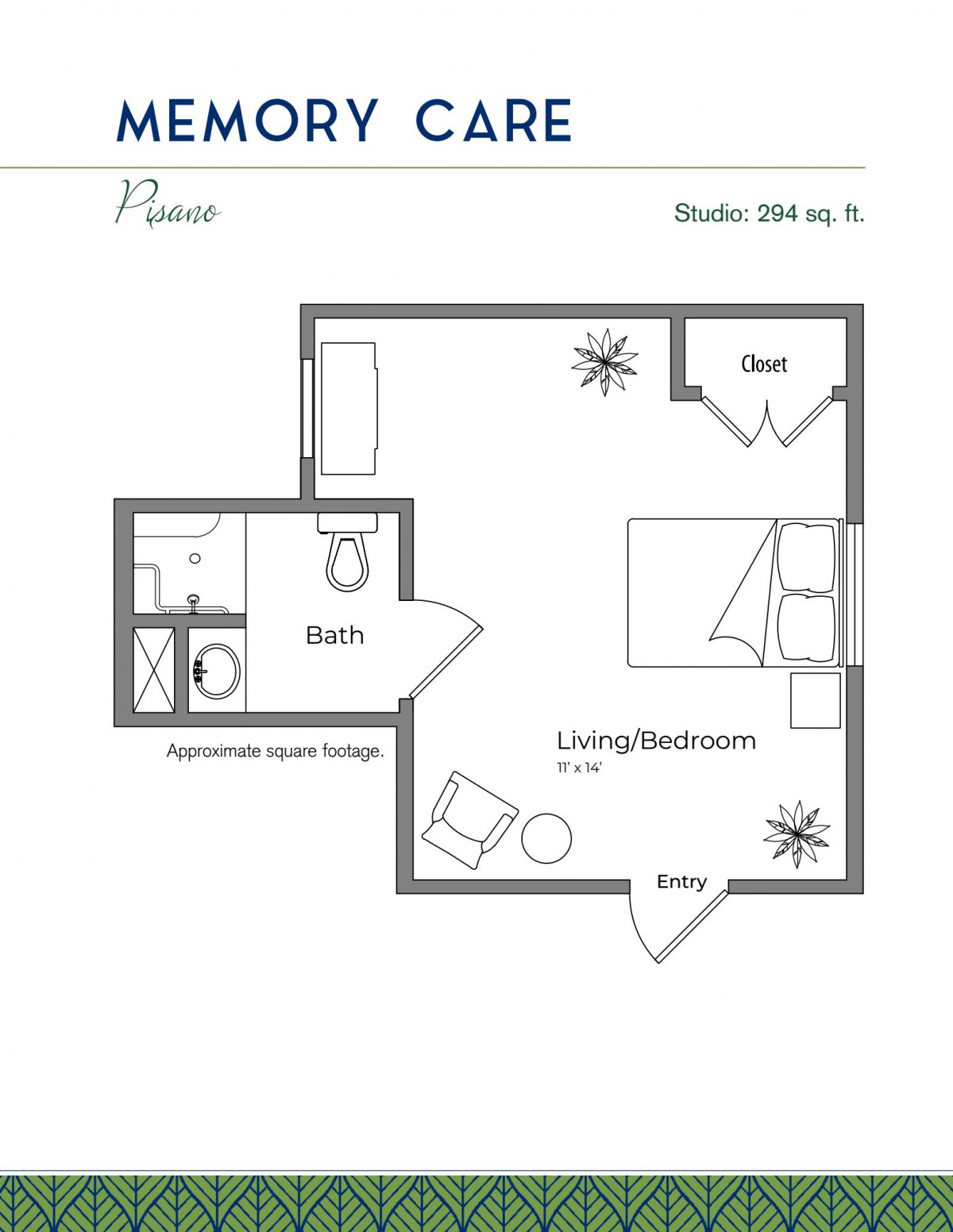 A floor plan of a studio apartment measuring 350 sq. ft., featuring a combined living and sleeping area, a compact bathroom, and an optional patio.