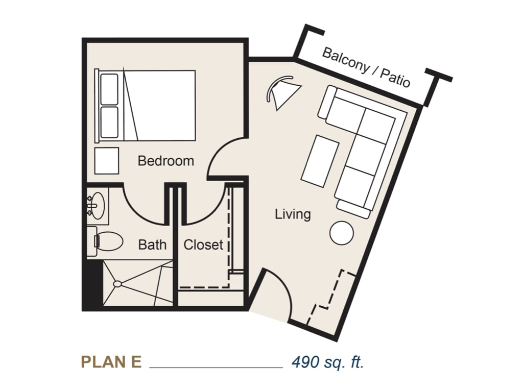Floor plan of a one-bedroom apartment with living area, bathroom, and balcony.