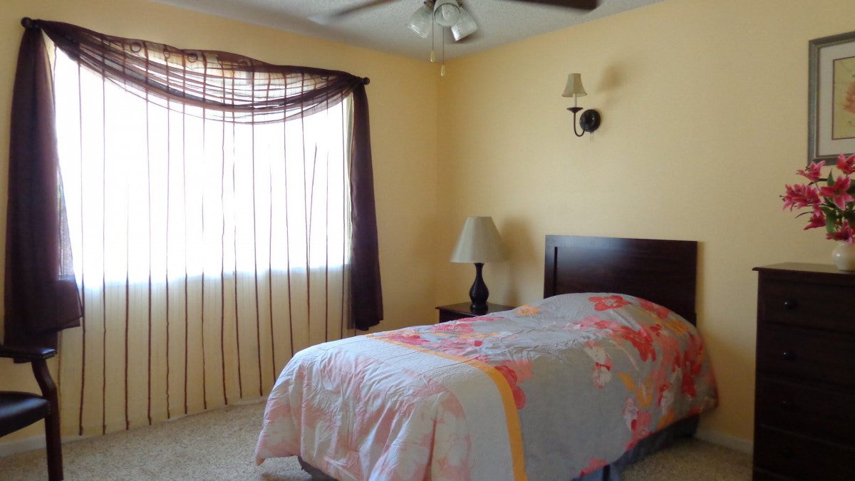 A cozy bedroom with a single bed, lamp, and window with curtains.