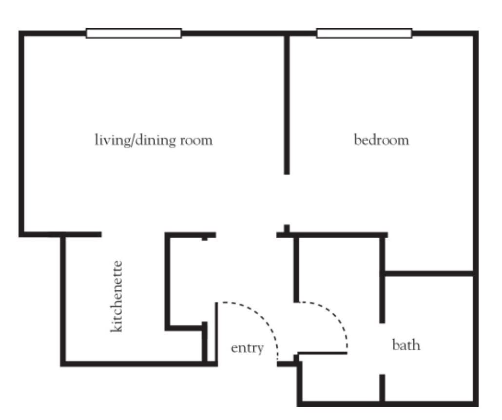 A simple floor plan layout of an apartment with labeled rooms.