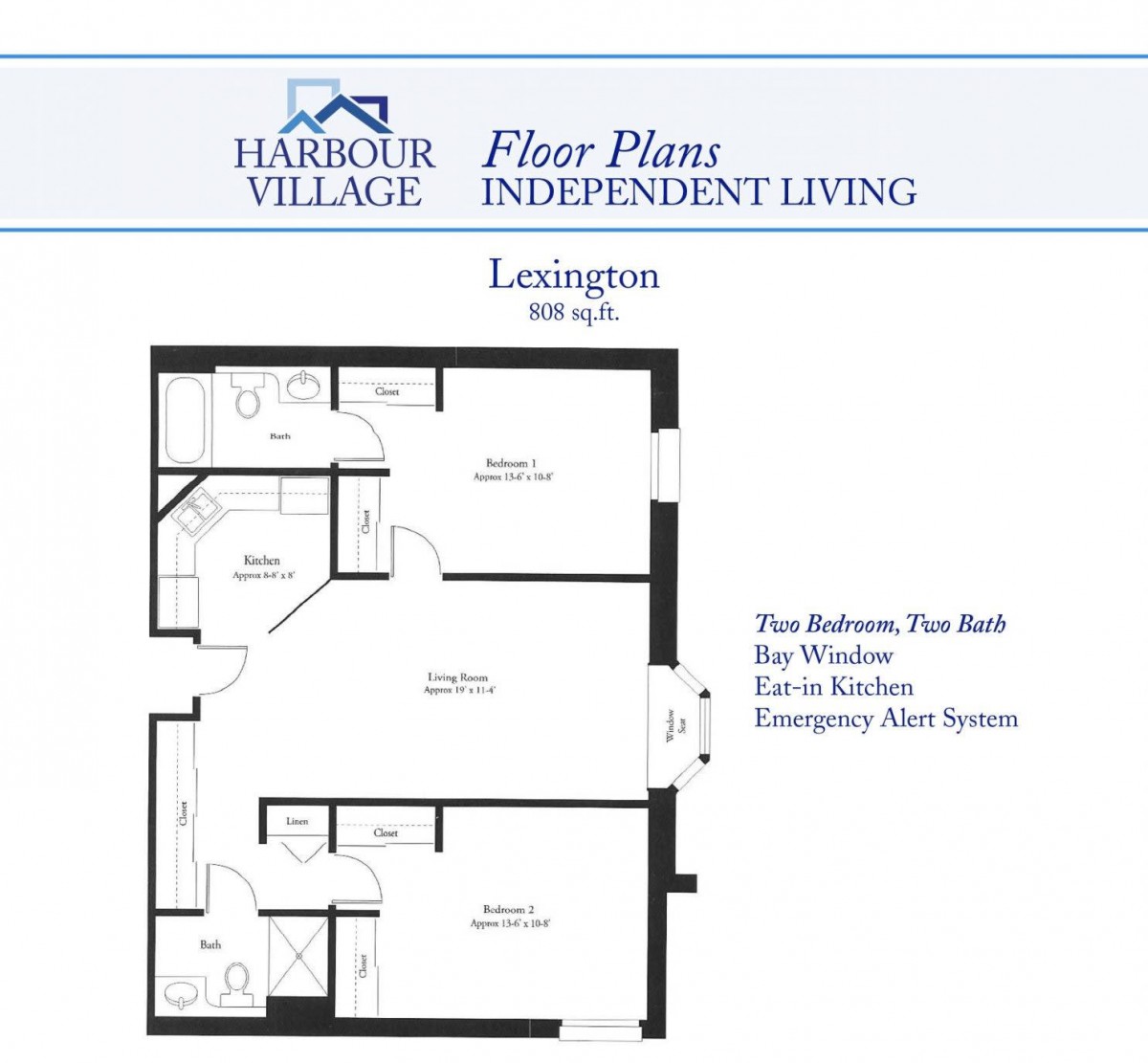 Floor plan for a Lexington apartment at Harbour Village, featuring a layout for independent living.