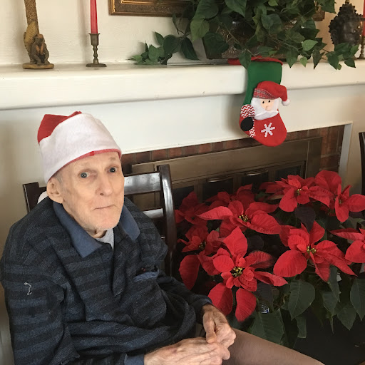 An elderly person wearing a Santa hat, surrounded by festive poinsettias, celebrating the holiday spirit.