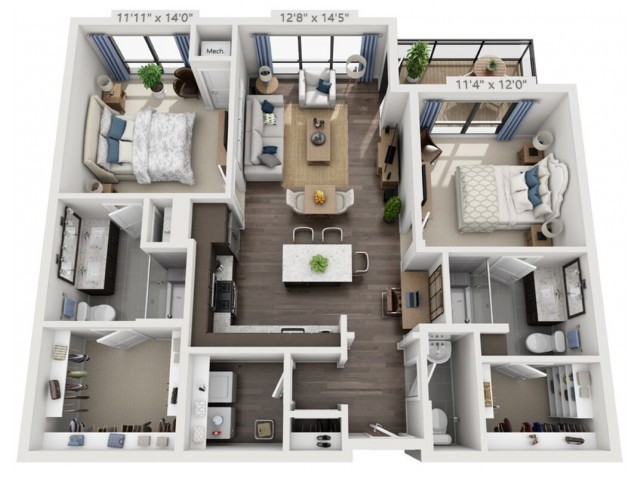 A 3D-rendered floor plan of a modern apartment featuring two bedrooms, a living room, and an open kitchen.
