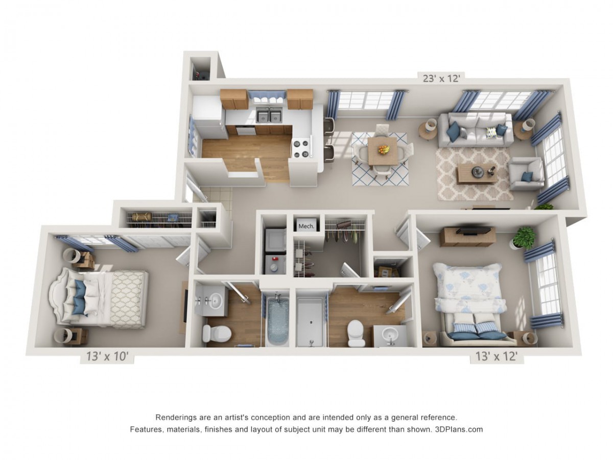 This image is a detailed floor plan of an apartment, showcasing the layout of rooms and furniture.