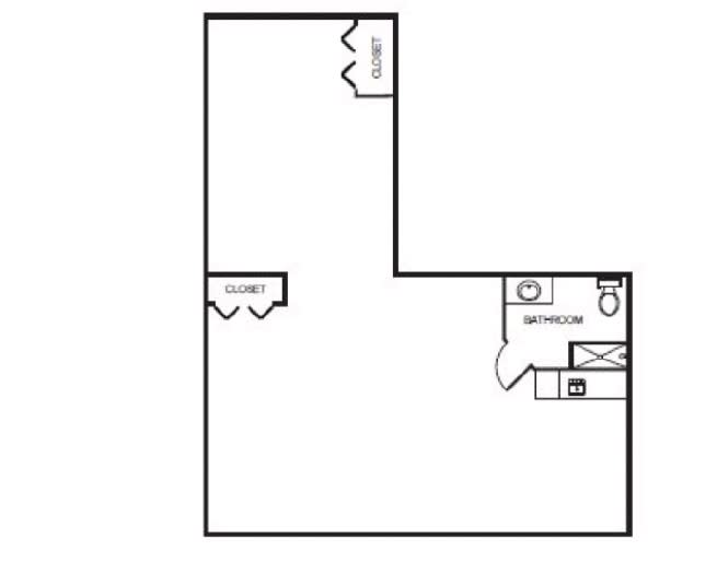 A simple floor plan of an apartment showcasing a bathroom, closet, and open living area.