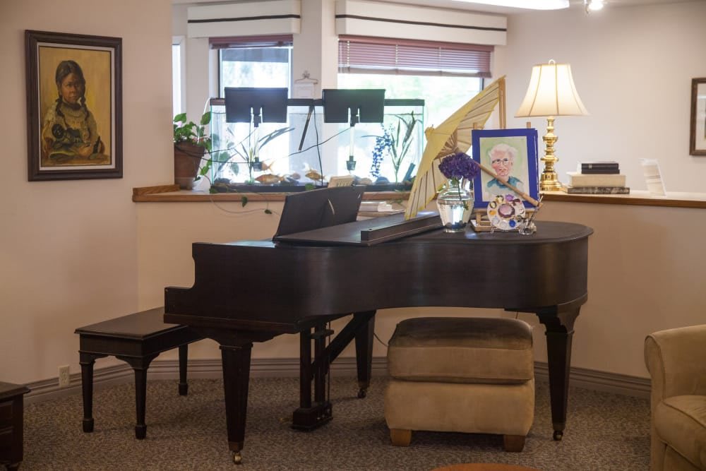 A cozy living room featuring a grand piano with decorative items and plants.