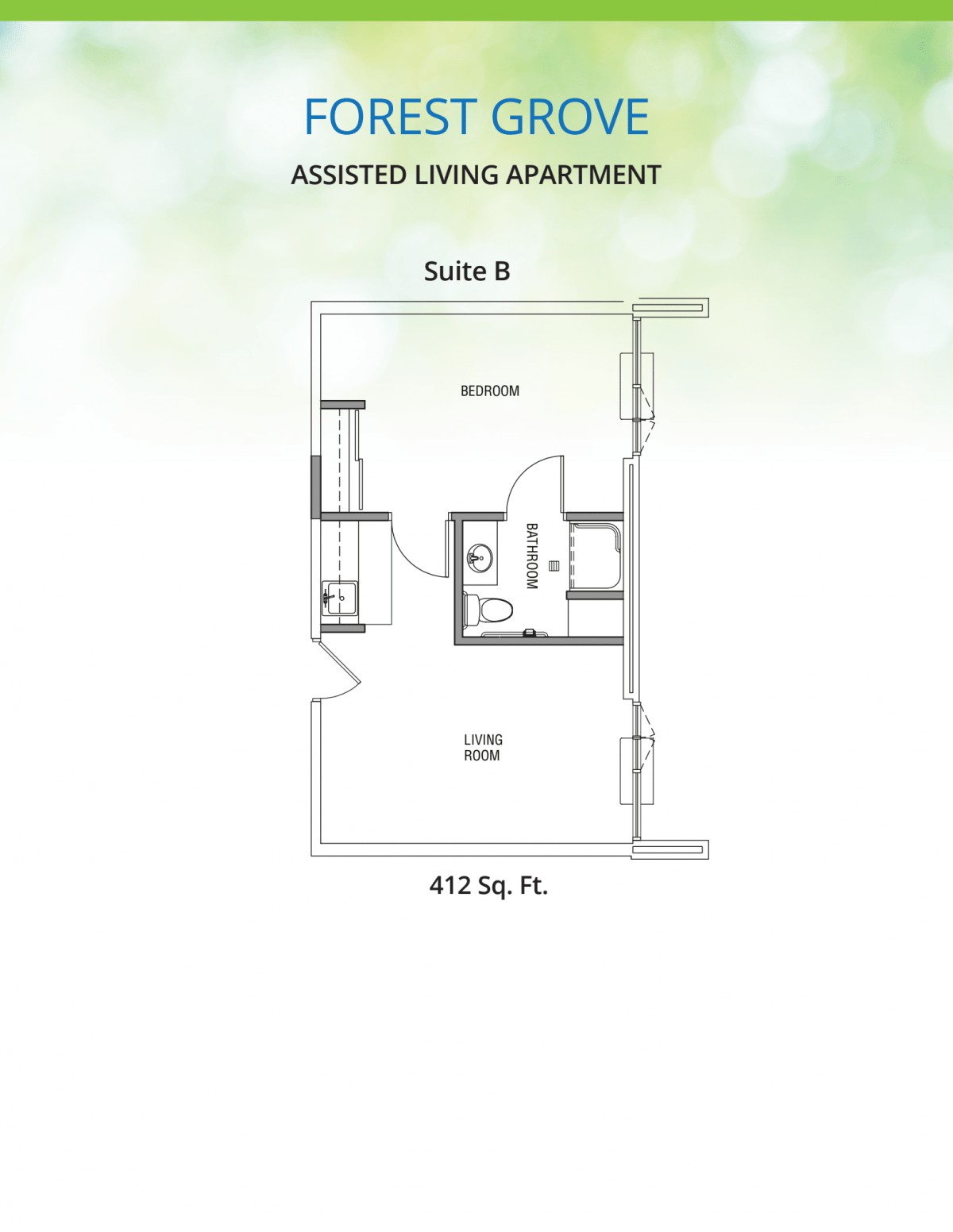 Floor plan of an assisted living apartment, Suite B, measuring 512 square feet.