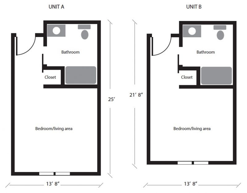 Floor plans depicting the layouts of Unit A and Unit B, each featuring a bathroom, closet, and main living area.