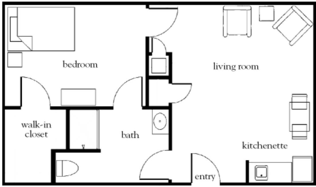 A floor plan of a simple apartment layout featuring a bedroom, living room, bathroom, kitchen, and entryway.