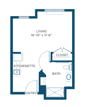 Studio apartment floor plan featuring a living area, kitchenette, bathroom, and closet.