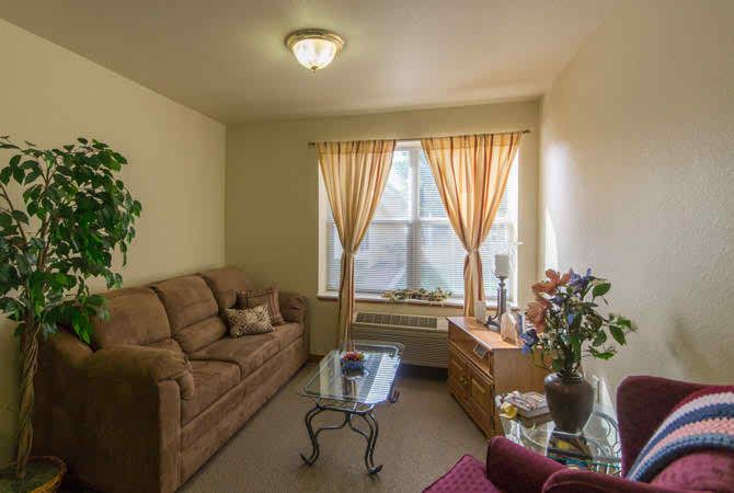 A cozy living room with a sofa, coffee table, and window with curtains.
