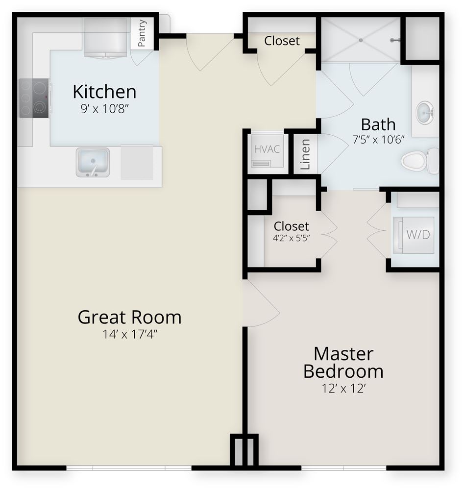 One-bedroom apartment floor plan with kitchen, great room, bath, and master bedroom.