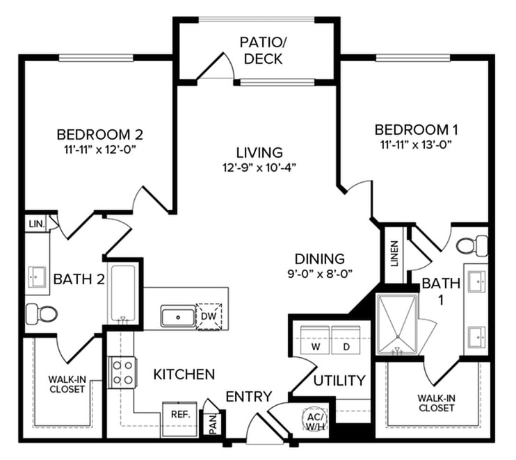 A floor plan of a two-bedroom apartment featuring living and dining areas, kitchen, bathrooms, and a patio/deck.