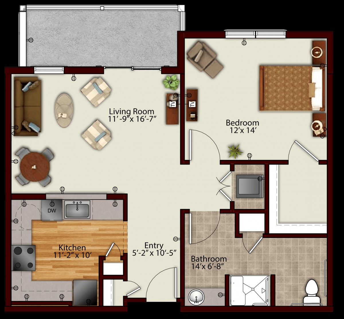A one-bedroom apartment floor plan showing the living room, kitchen, bedroom, and bathroom.
