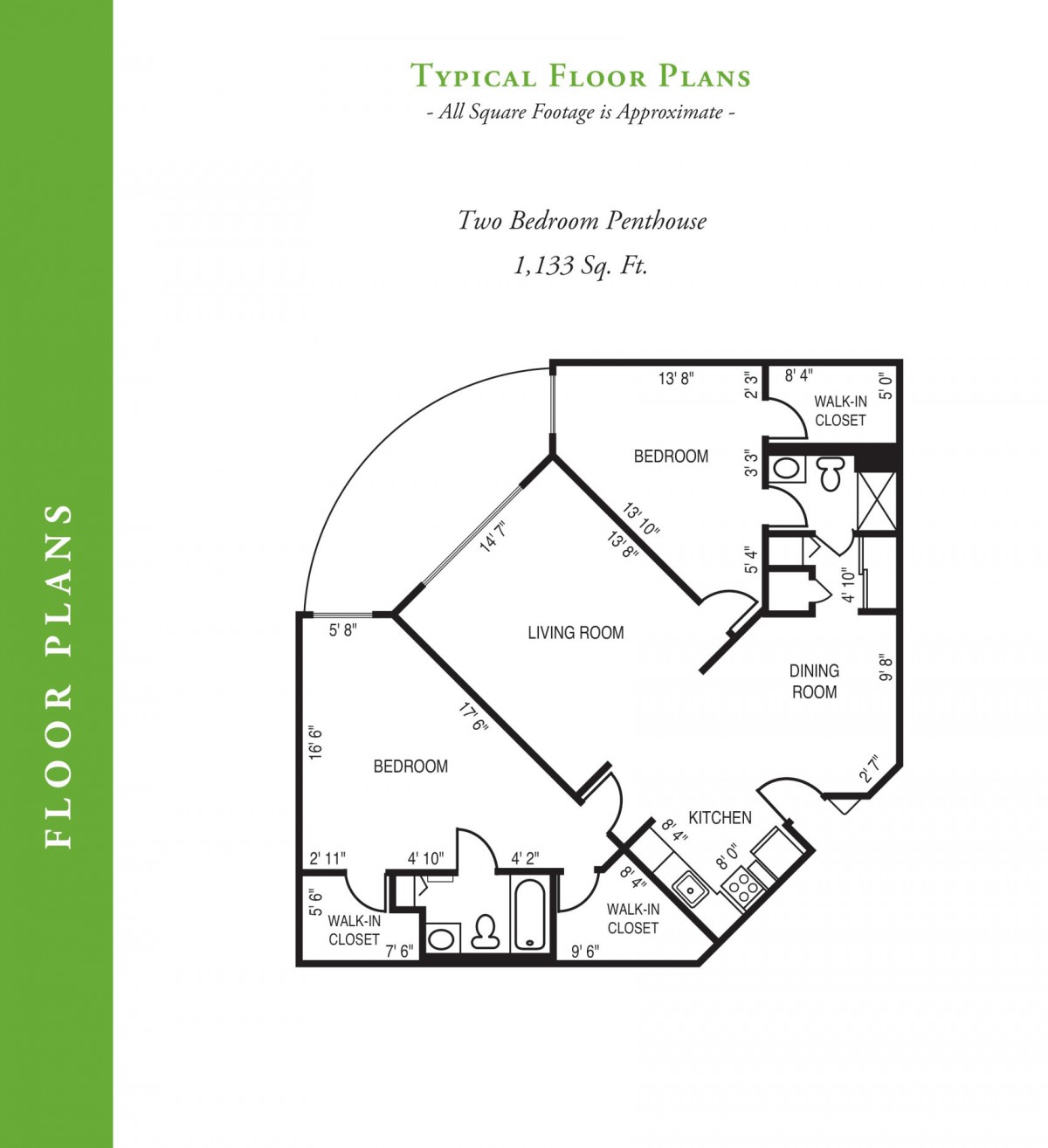 A floor plan illustration of a two-bedroom penthouse apartment measuring 1,123 square feet.