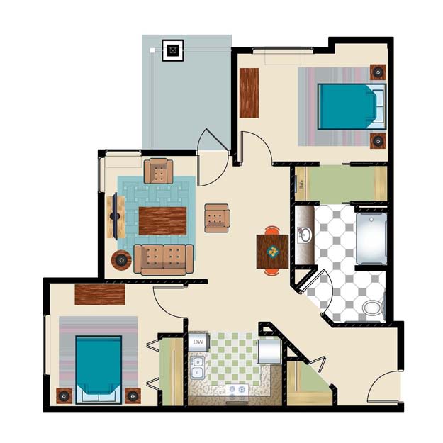 A floor plan of an apartment showing two bedrooms, a living room, a kitchen, and two bathrooms.