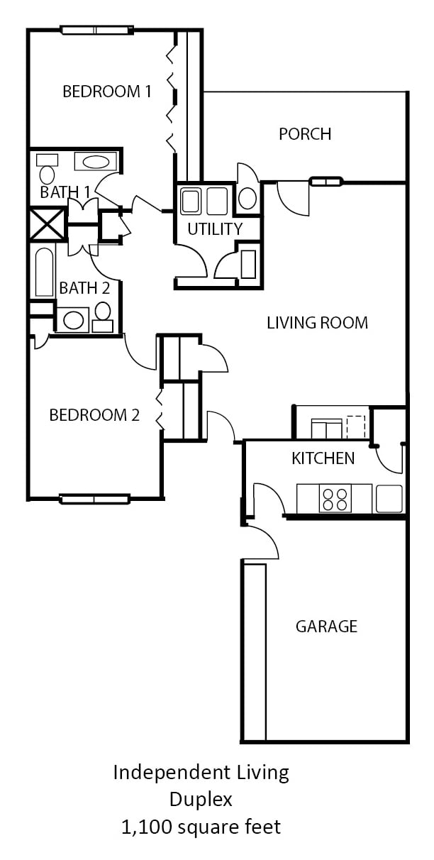A floor plan showing a two-bedroom house layout with labeled rooms including a garage, kitchen, living room, and bathrooms.