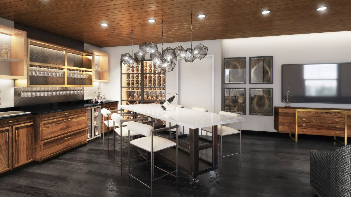 A modern kitchen and dining area featuring a sleek design with a central island, contemporary chandelier, and elegant bar section.