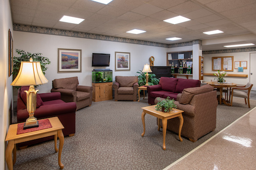 A cozy lounge area featuring comfortable seating, a television, and indoor plants.