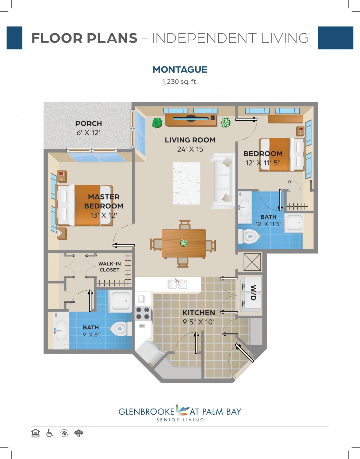 Floor plan of the Montague model featuring two bedrooms and a spacious living area.