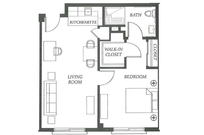 A one-bedroom apartment floor plan featuring a living room, kitchenette, bathroom, and walk-in closet.