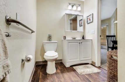 A modern bathroom with a toilet, vanity, and mirror.