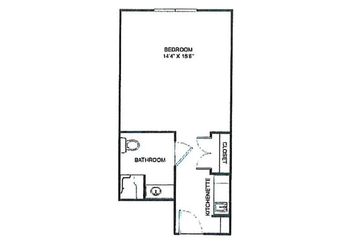 A simple floor plan showing a bedroom and bathroom layout.