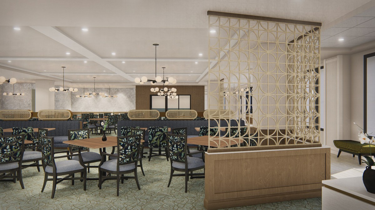 A stylish restaurant interior featuring elegant seating and modern decor.