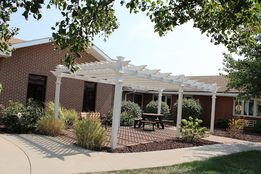 A serene outdoor space featuring a pergola over a brick patio, surrounded by lush greenery.