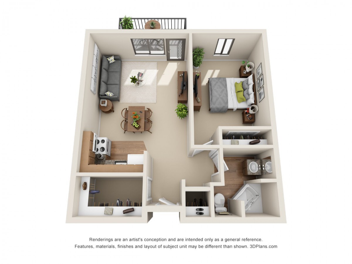 A 3D floor plan of a one-bedroom apartment featuring a living room, kitchen, bathroom, and balcony.