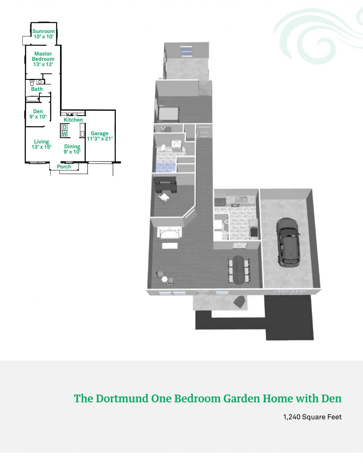 3D floor plan of a modern three-bedroom garden house with attached garage.