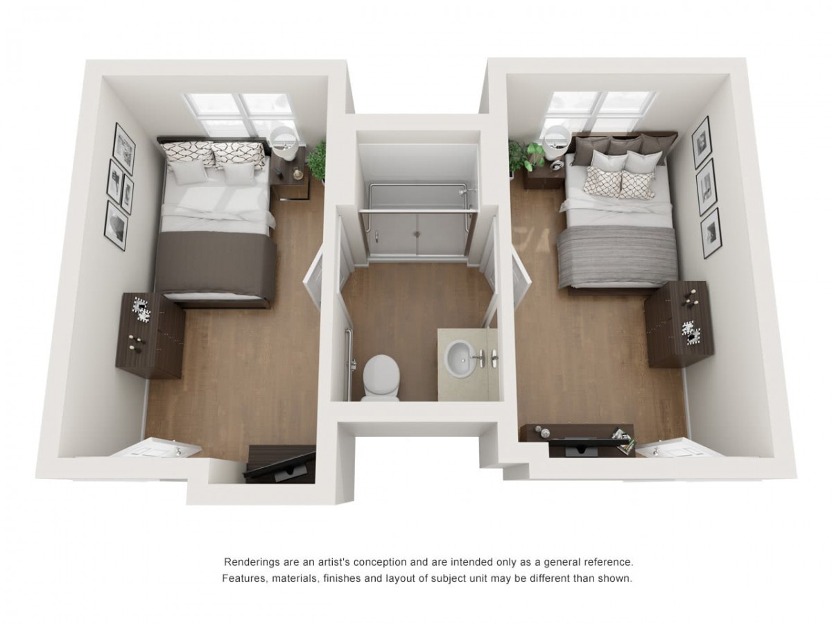 Two-bedroom apartment floor plan featuring a shared central bathroom.