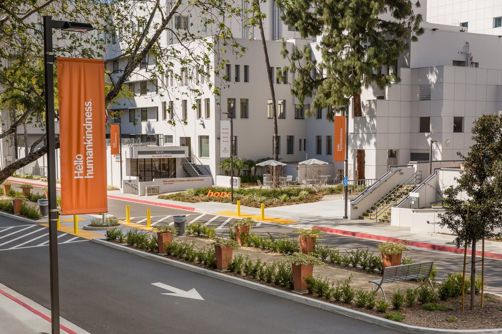 A hospital entrance with surrounding landscaping and parking area.