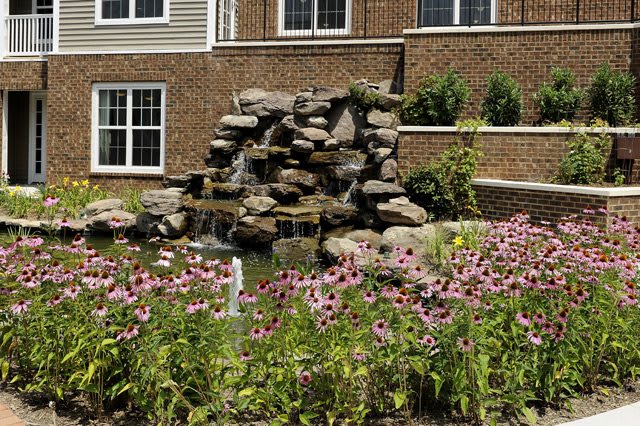 A peaceful garden featuring a rock waterfall surrounded by blooming flowers.