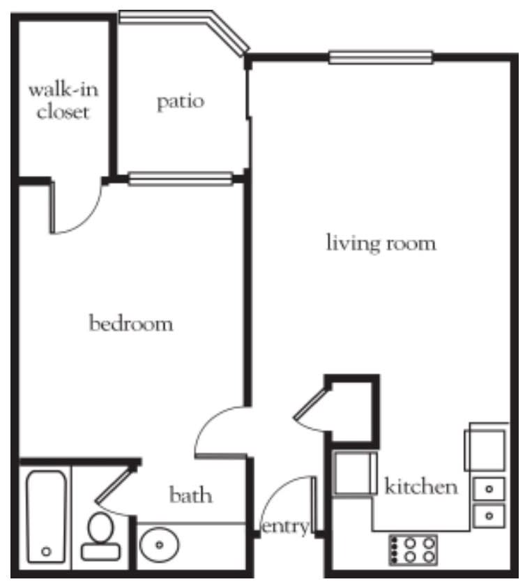 A floor plan of a one-bedroom apartment featuring a walk-in closet, patio, living room, kitchen, and bathroom.