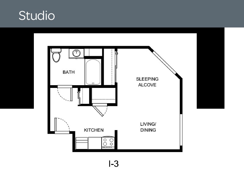 Studio apartment floor plan with a sleeping alcove, kitchen, bath, and living/dining area.