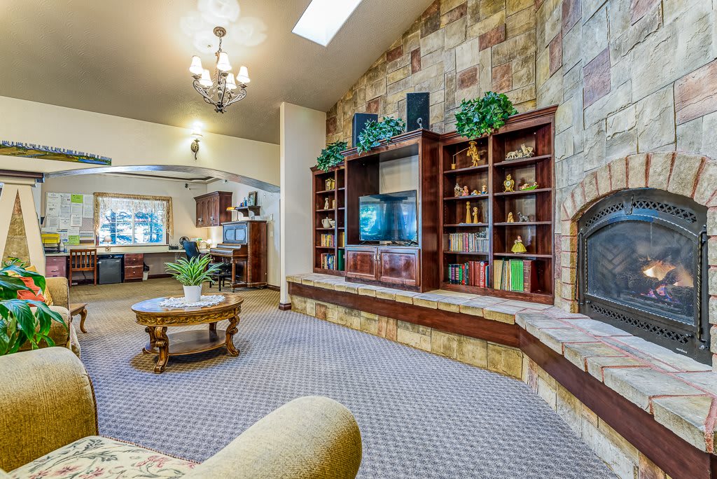 Cozy living room with bookshelves and a television.