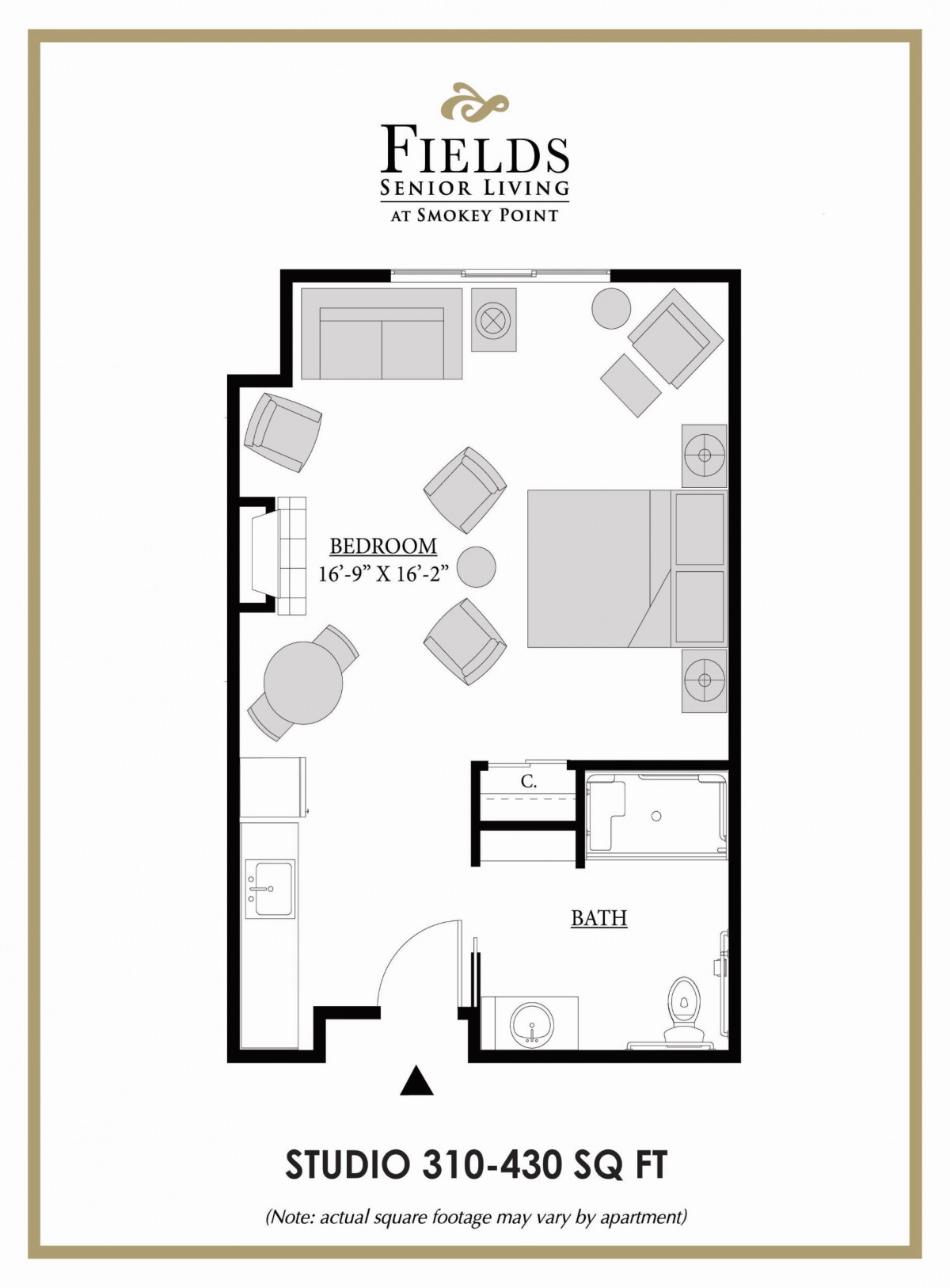 Studio apartment floor plan layout.