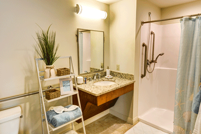 A modern bathroom featuring a sink, mirror, and accessible shower with handrails.