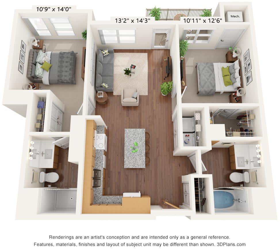 A 3D floor plan of a two-bedroom apartment showing the layout with dimensions.