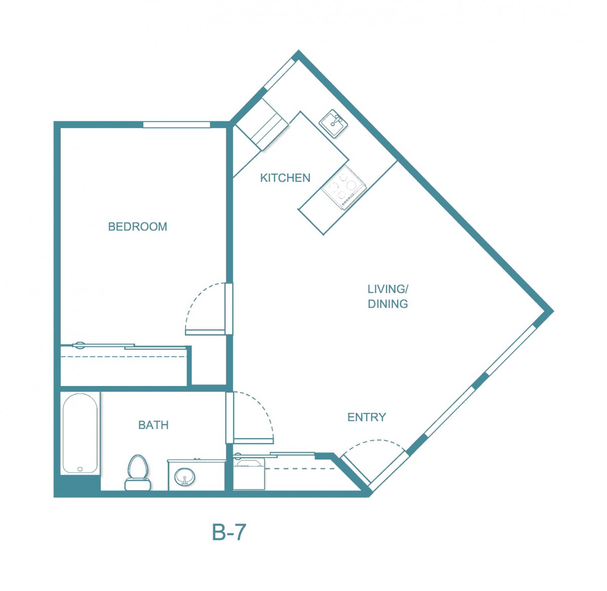 A blueprint showing an apartment floor plan with labeled areas for kitchen, living/dining, bedroom, and bath.