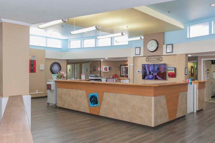 A modern and welcoming reception area in a hospital or clinic.