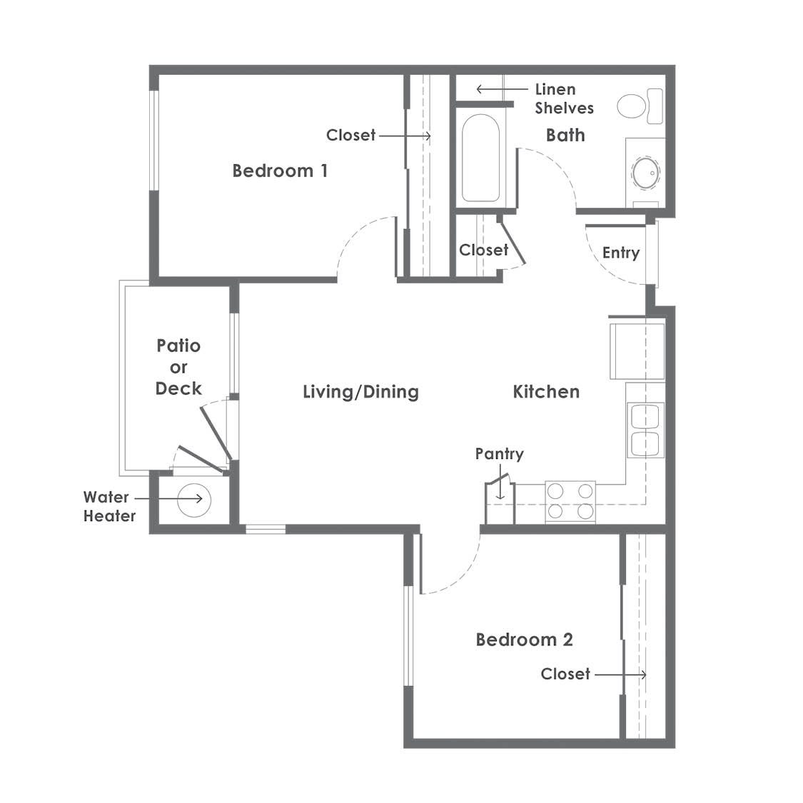 A floor plan of a two-bedroom apartment featuring a living/dining area, kitchen, and bath.