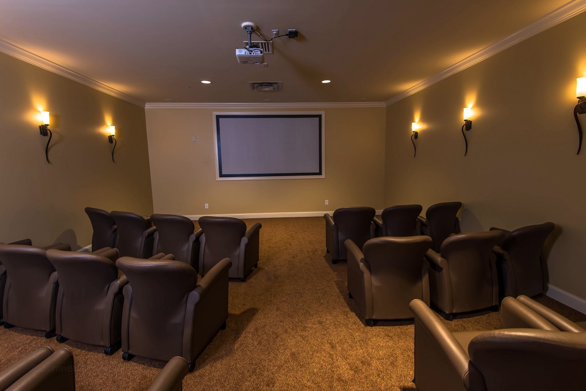 A cozy home theater with comfortable seating and a projector screen.