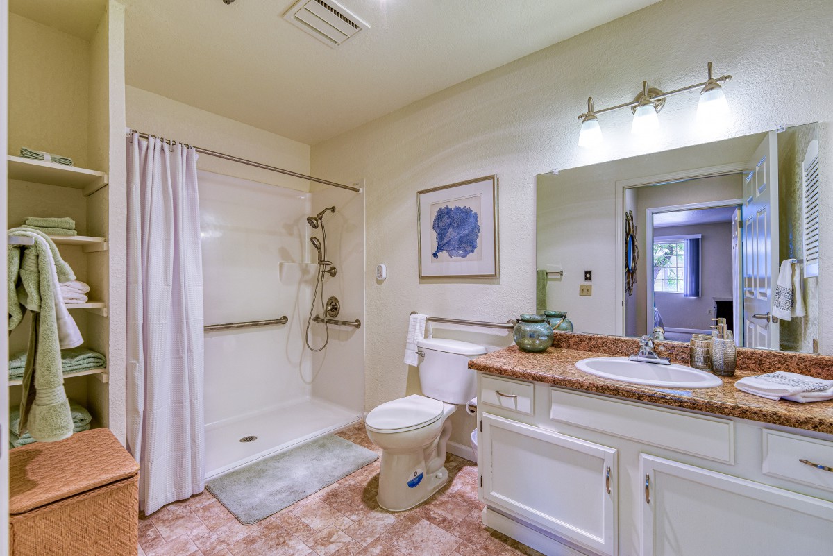 A well-appointed bathroom featuring a shower, toilet, and sink with elegant decor.